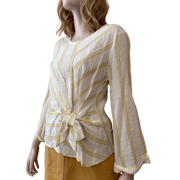 Lumina Made in Italy Linen Blouse Top Shirt Bow Tie Front Yellow Stripe NWOT - Picture 6 of 14